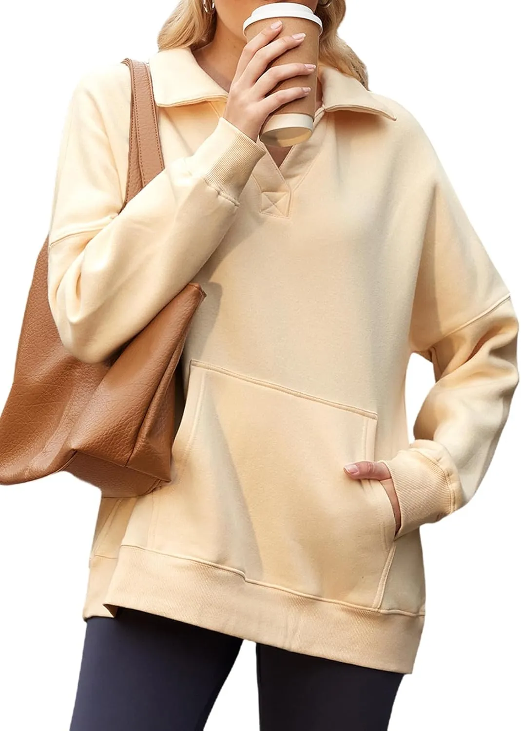 BLENCOT Sweatshirt for Women Long Sleeve Oversized Polo V Neck Fleece Workout Tops Lightweight Henley Pullover
