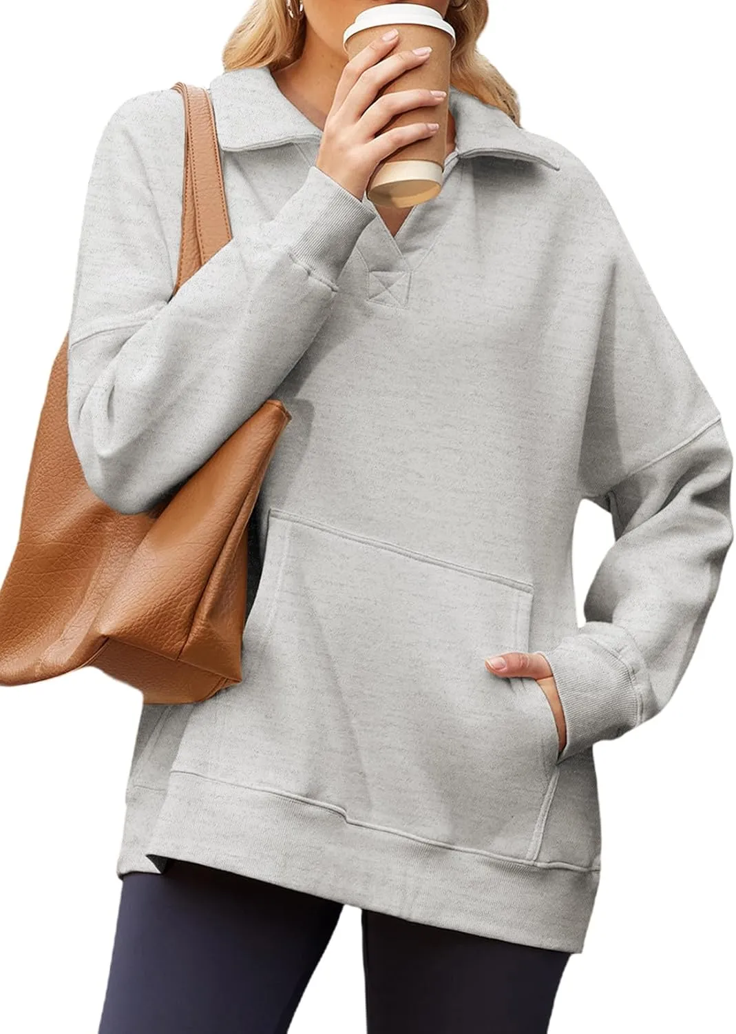 BLENCOT Sweatshirt for Women Long Sleeve Oversized Polo V Neck Fleece Workout Tops Lightweight Henley Pullover