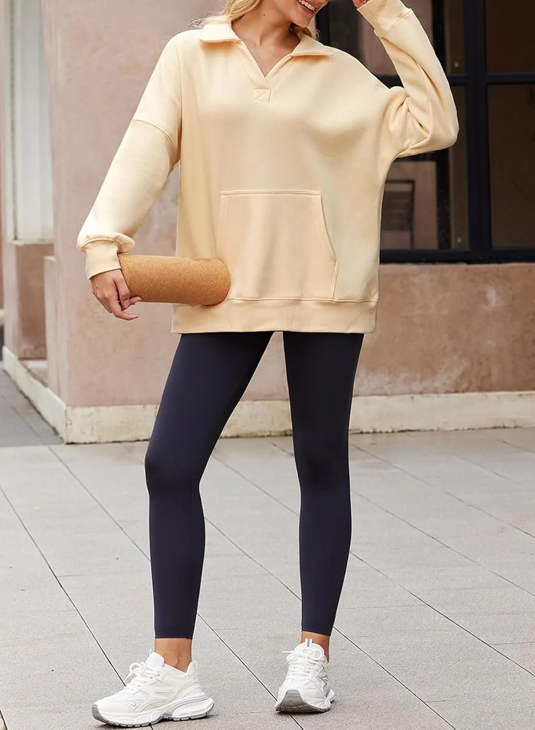 BLENCOT Sweatshirt for Women Long Sleeve Oversized Polo V Neck Fleece Workout Tops Lightweight Henley Pullover