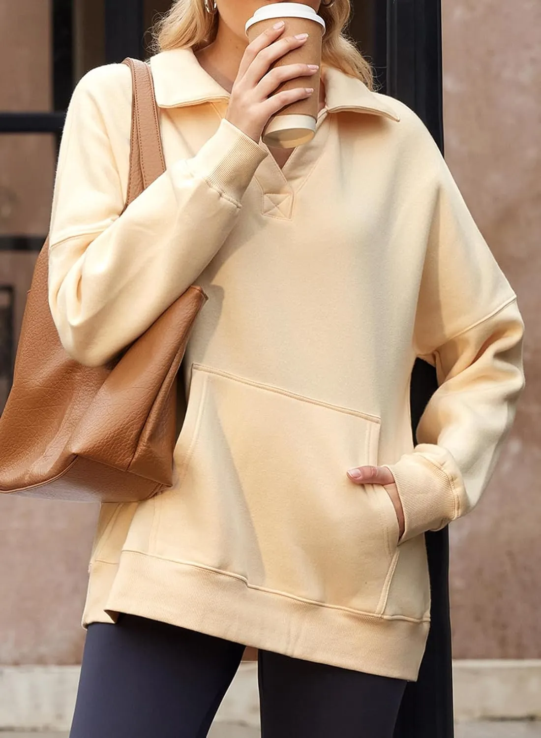 BLENCOT Sweatshirt for Women Long Sleeve Oversized Polo V Neck Fleece Workout Tops Lightweight Henley Pullover