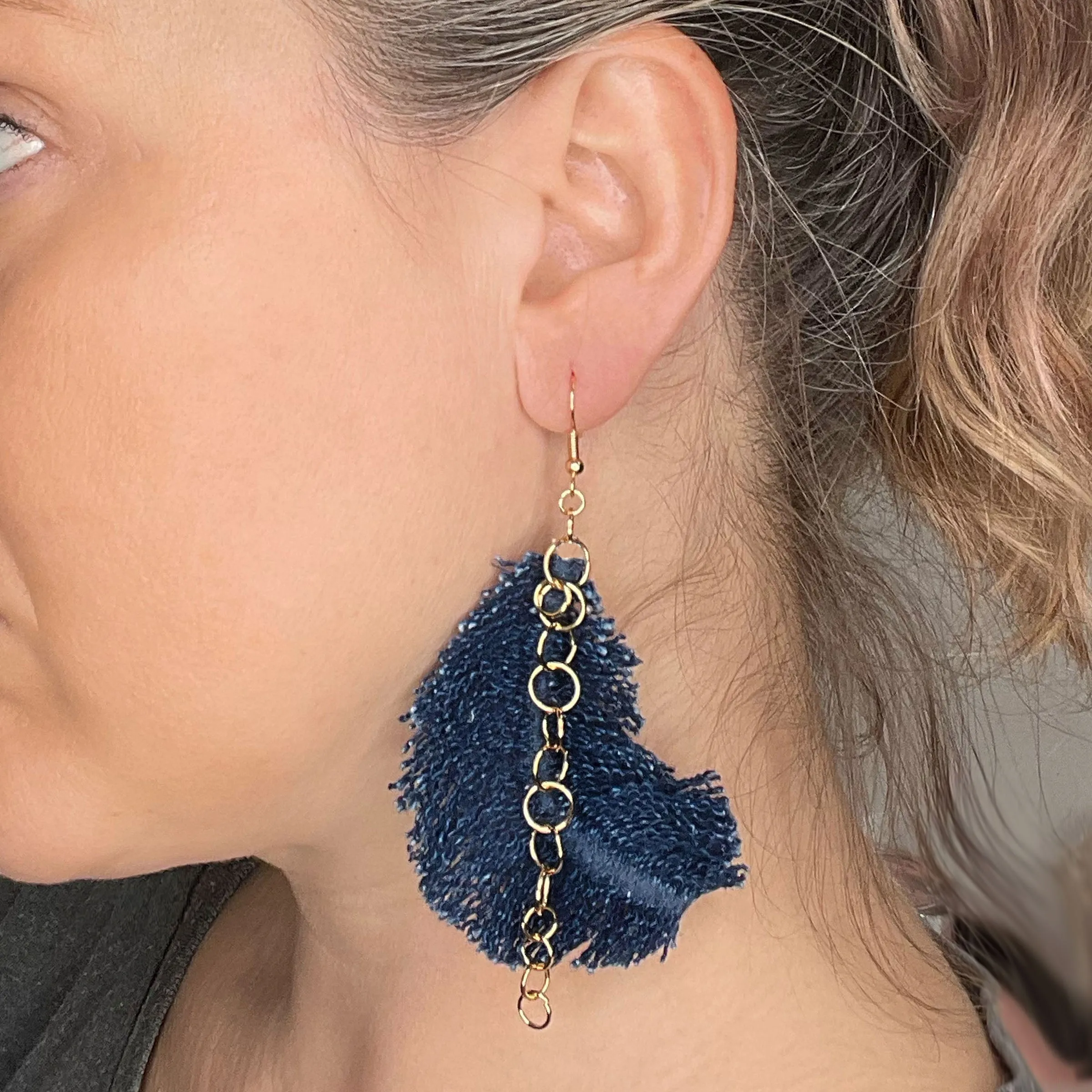 Boho Denim Feather Earring, Dark indigo   gold