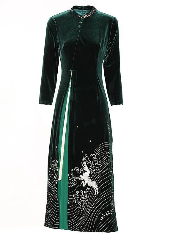 Boutique Green Tasseled Embroideried Patchwork Velour Dresses Spring LC0290