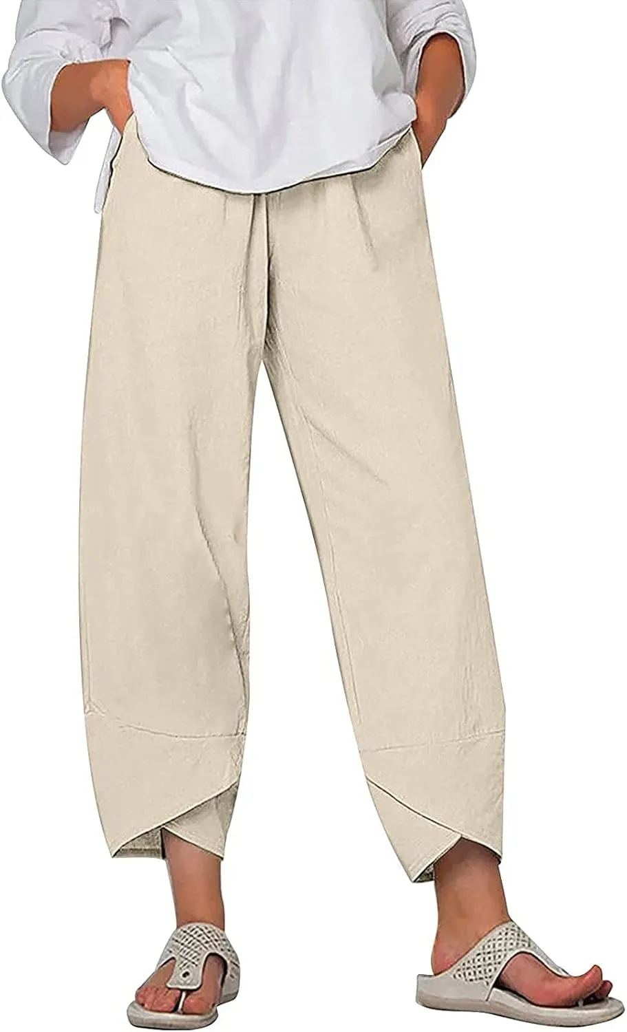 Capri Pants for Women Spring Summer High Waisted Cotton Linen Straight Baggy Cropped Palazzo Trousers for Beach