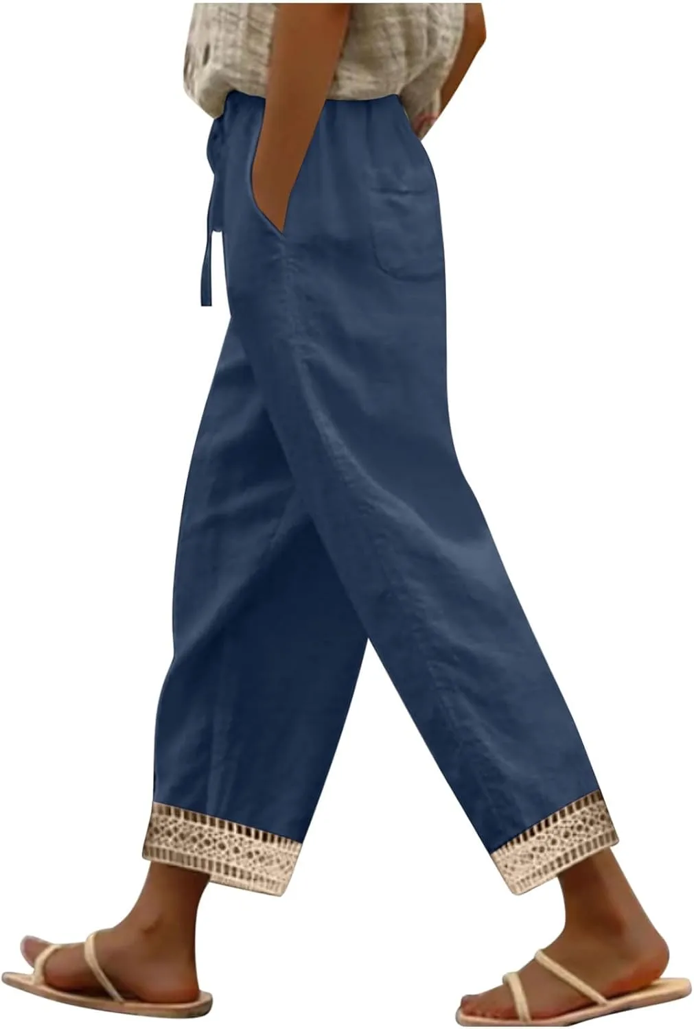 Capris Pants for Women Casual Summer Straight Leg Cropped Trousers Lace Boho Western Cotton Linen Pant 2025 New