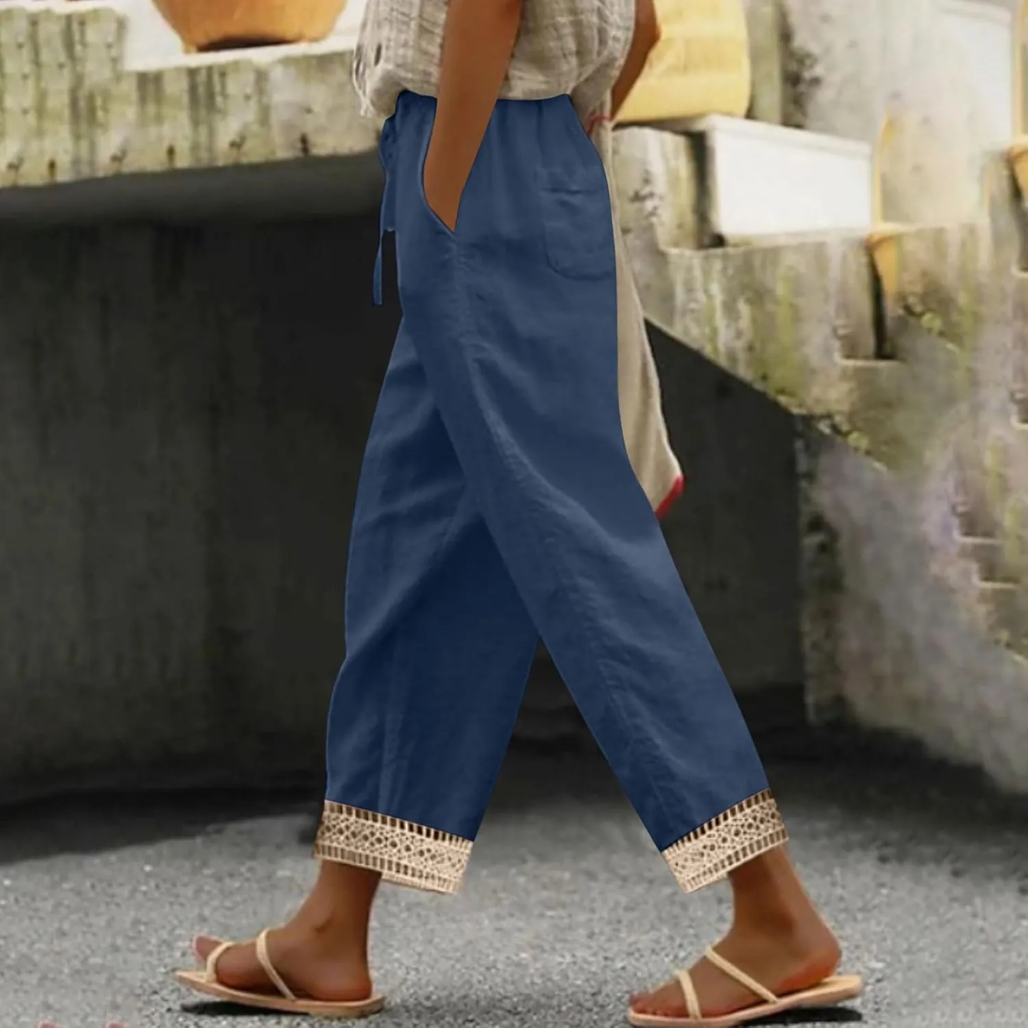 Capris Pants for Women Casual Summer Straight Leg Cropped Trousers Lace Boho Western Cotton Linen Pant 2025 New