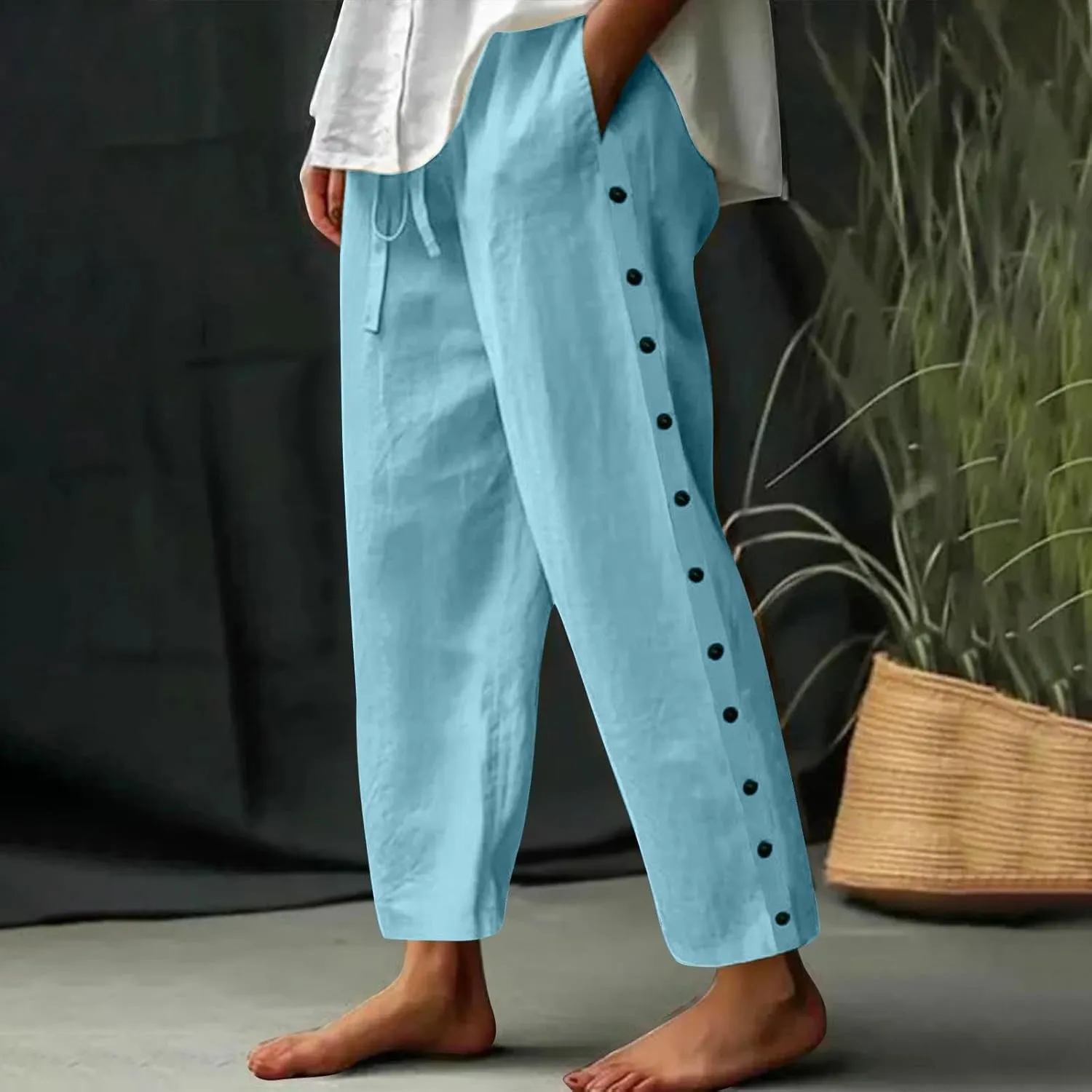 Casual Pants for Women's Capris Side Button Elastic Waist Trendy Pants Straight Leg Lightweight Trousers with Pockets