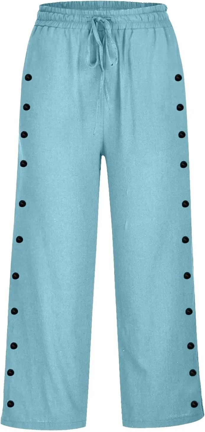 Casual Pants for Women's Capris Side Button Elastic Waist Trendy Pants Straight Leg Lightweight Trousers with Pockets