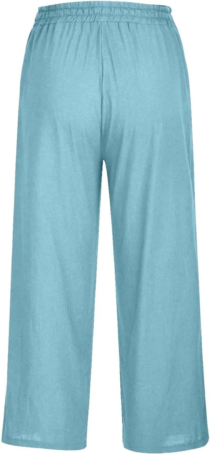 Casual Pants for Women's Capris Side Button Elastic Waist Trendy Pants Straight Leg Lightweight Trousers with Pockets