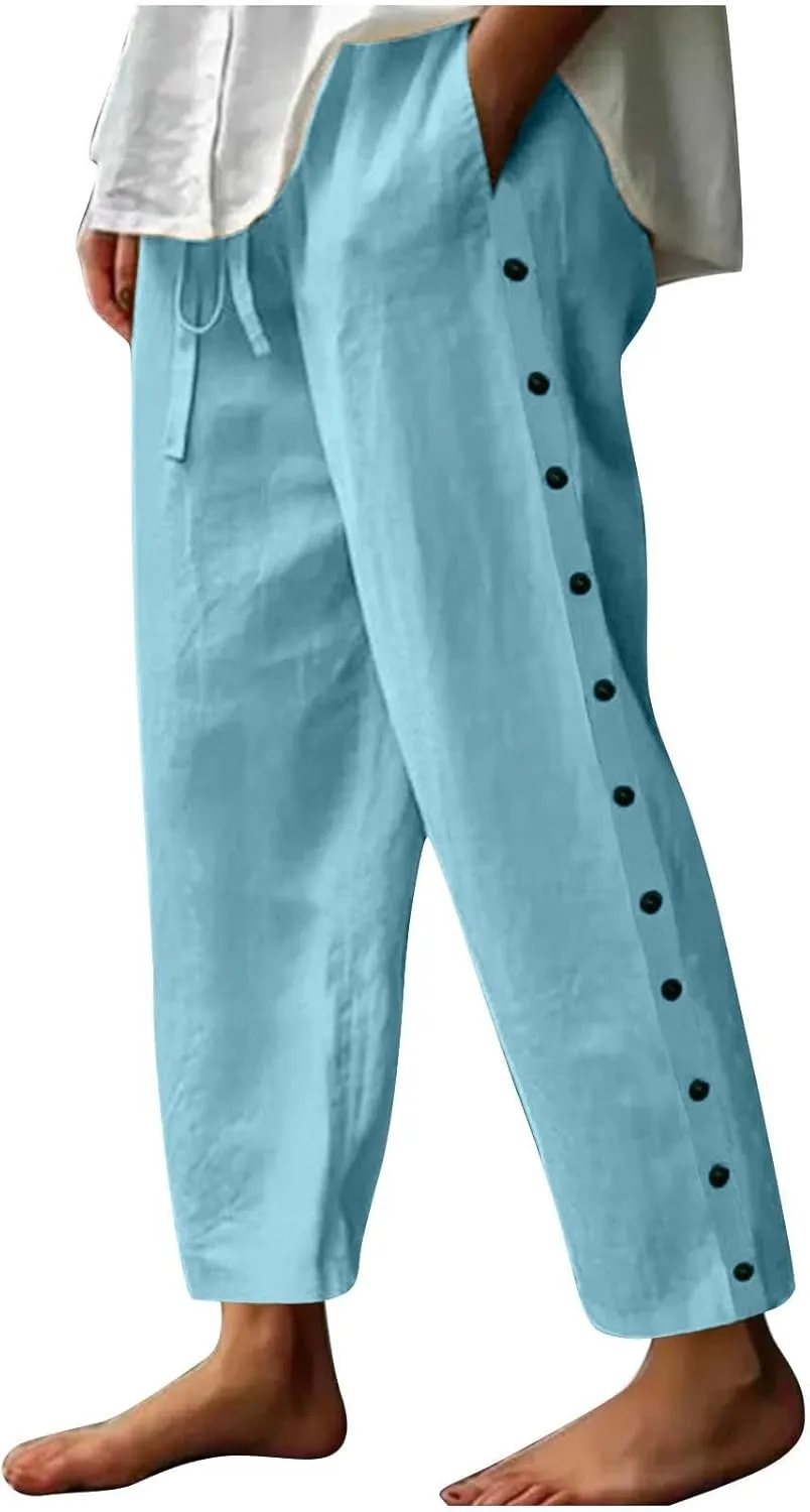 Casual Pants for Women's Capris Side Button Elastic Waist Trendy Pants Straight Leg Lightweight Trousers with Pockets