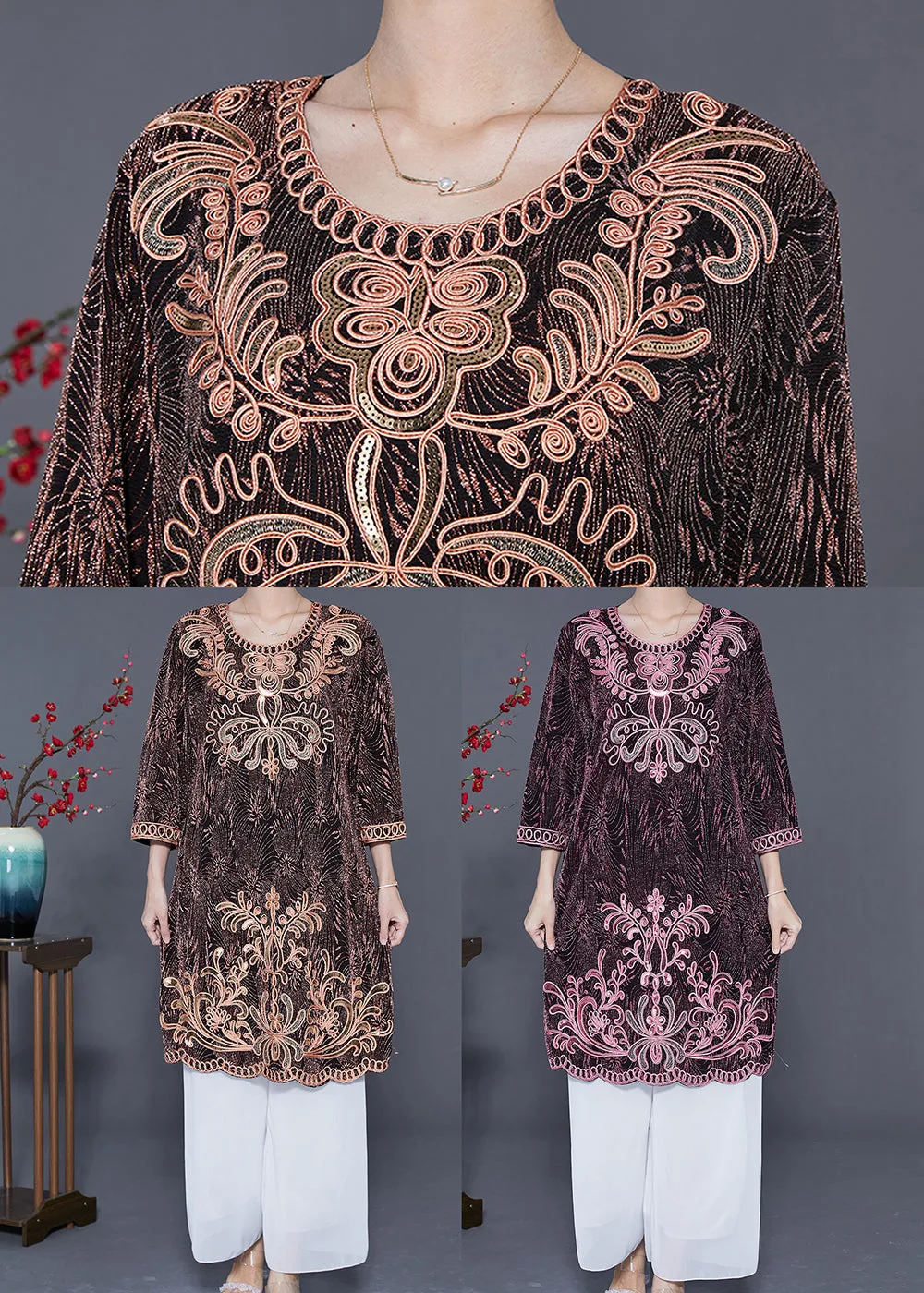 Chic Pink O-Neck Embroideried Silk Vacation Dresses Bracelet Sleeve LY5553