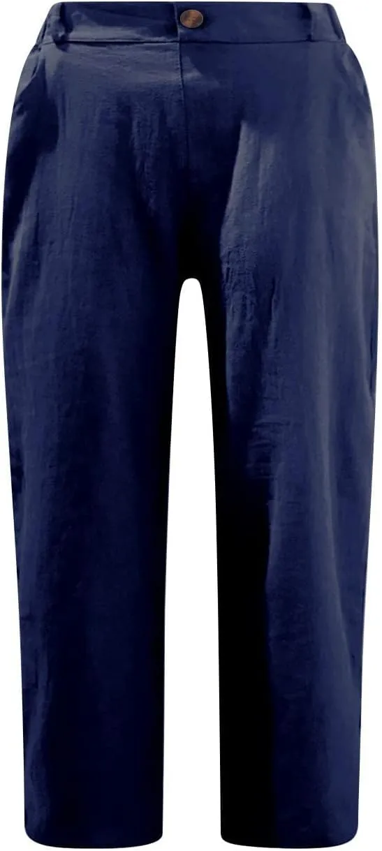 Cotton Linen Capri Pants for Women Casual Summer Straight Leg Trouser Buttons High Waist Cropped Pant with Pocket