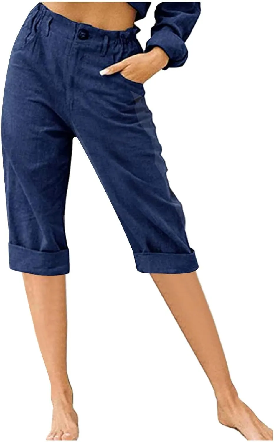 Cotton Linen Capri Pants for Women Casual Summer Straight Leg Trouser Buttons High Waist Cropped Pant with Pocket