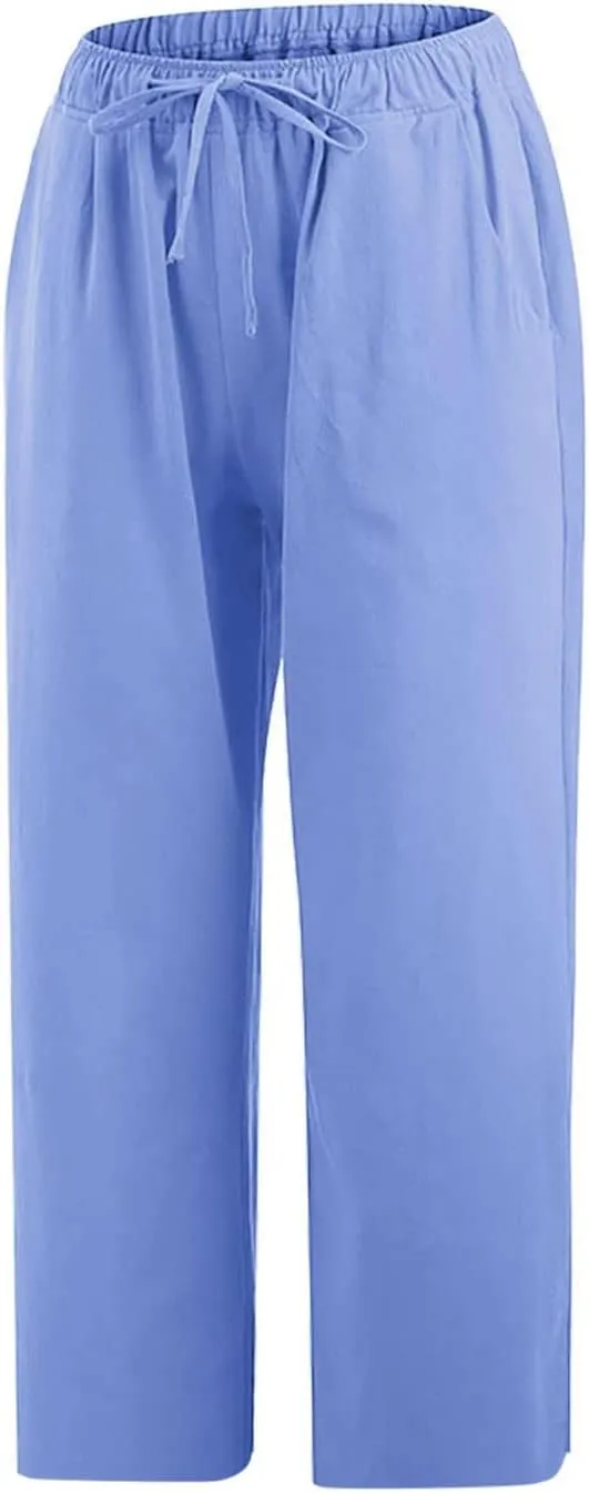 Cotton Linen Pants for Women 2025 Wide Leg Cropped Lounge Trousers Drawstring Elastic Waist Summer Beach Pant Outfits