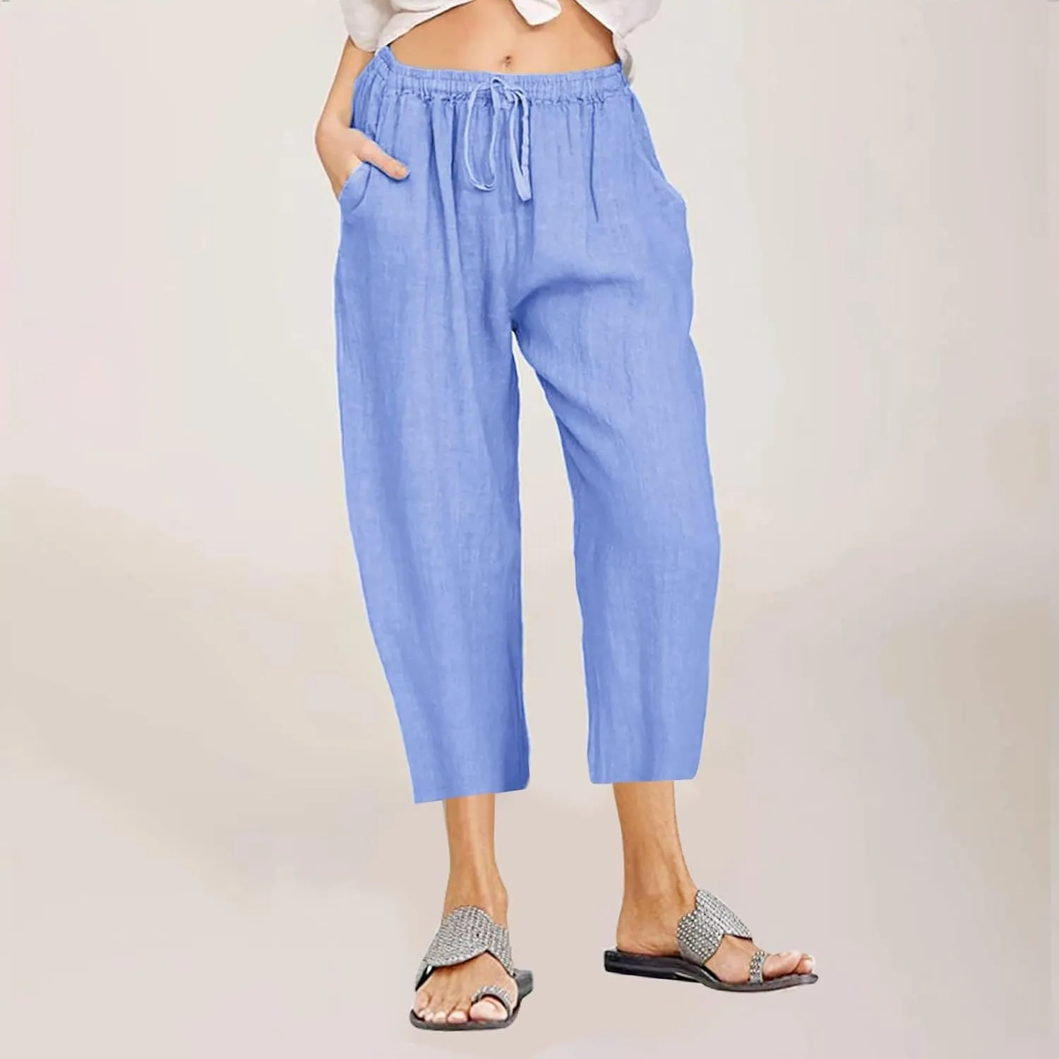 Cotton Linen Pants for Women 2025 Wide Leg Cropped Lounge Trousers Drawstring Elastic Waist Summer Beach Pant Outfits