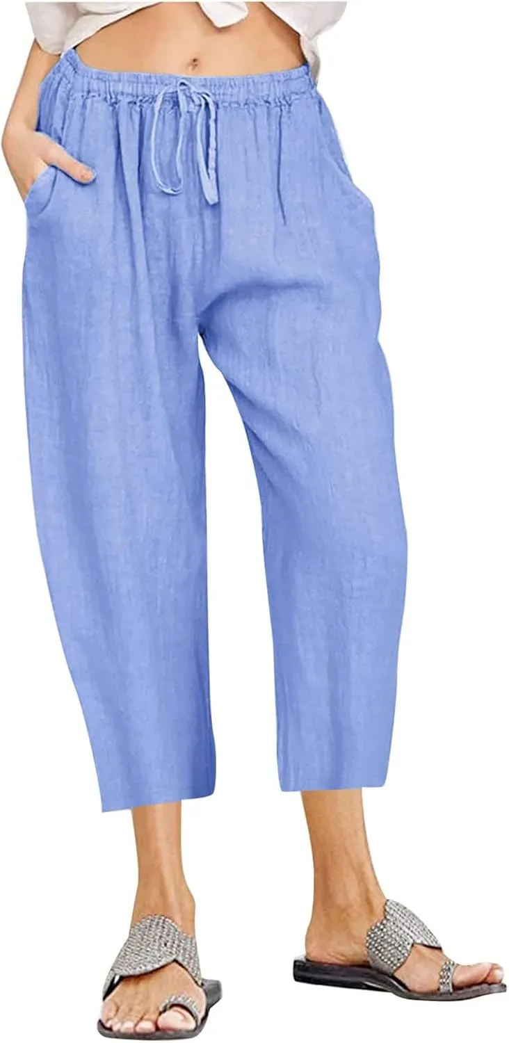 Cotton Linen Pants for Women 2025 Wide Leg Cropped Lounge Trousers Drawstring Elastic Waist Summer Beach Pant Outfits
