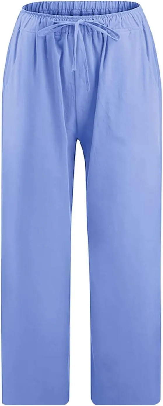 Cotton Linen Pants for Women 2025 Wide Leg Cropped Lounge Trousers Drawstring Elastic Waist Summer Beach Pant Outfits