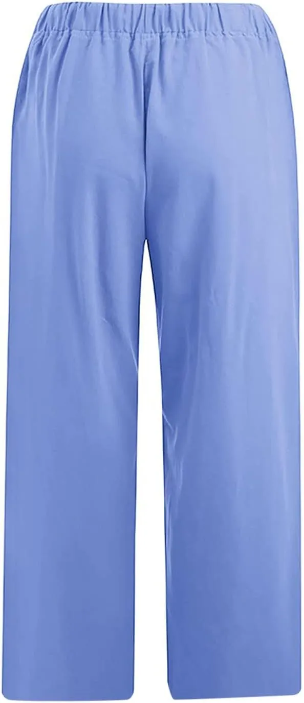 Cotton Linen Pants for Women 2025 Wide Leg Cropped Lounge Trousers Drawstring Elastic Waist Summer Beach Pant Outfits