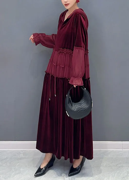 Elegant Wine Red Ruffled Lace Up Patchwork Velour Long Dresses Fall ML1490