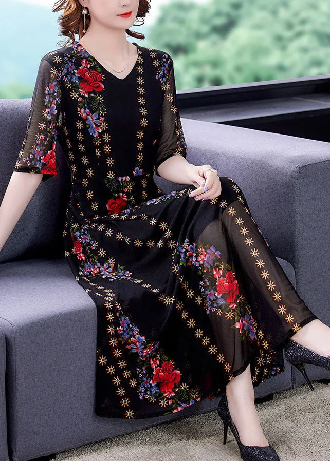 Fine Black V Neck Print Patchwork Tulle Long Dresses Summer LY5907