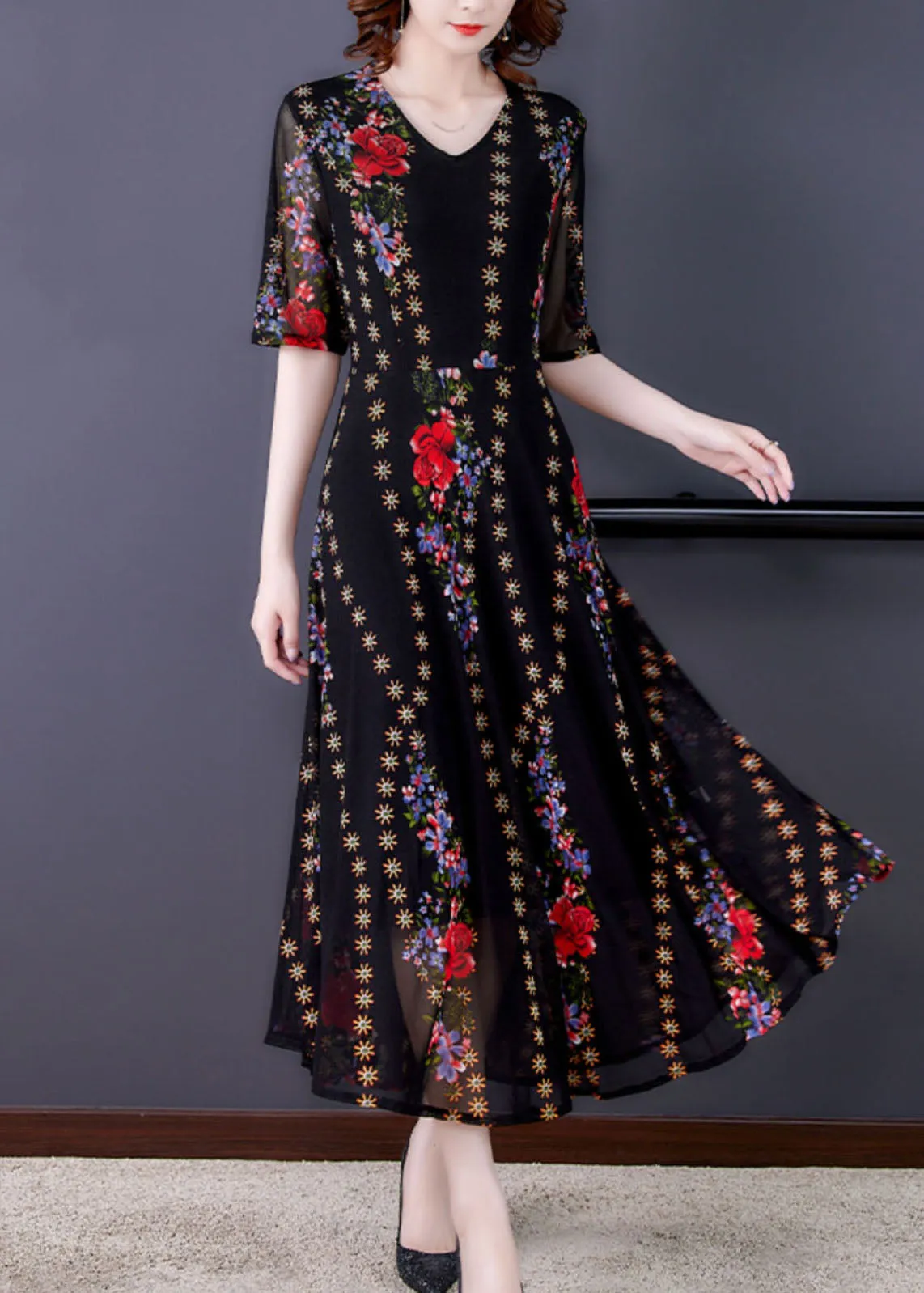 Fine Black V Neck Print Patchwork Tulle Long Dresses Summer LY5907