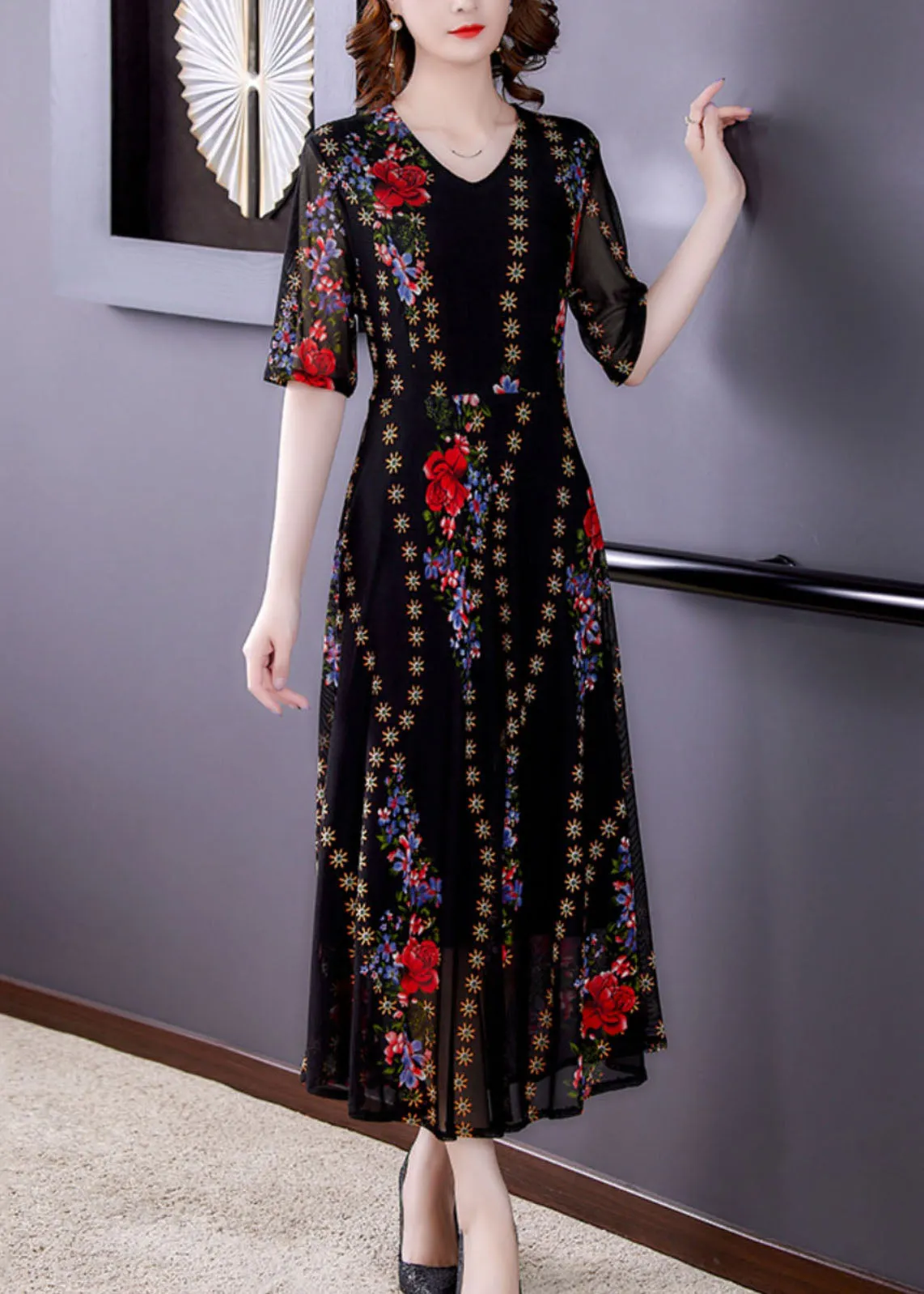 Fine Black V Neck Print Patchwork Tulle Long Dresses Summer LY5907