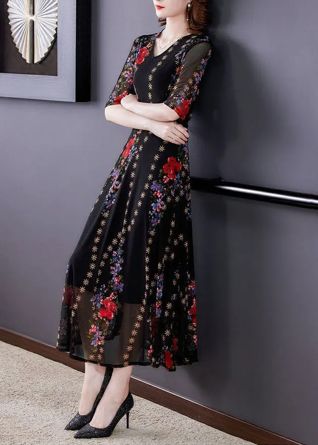 Fine Black V Neck Print Patchwork Tulle Long Dresses Summer LY5907
