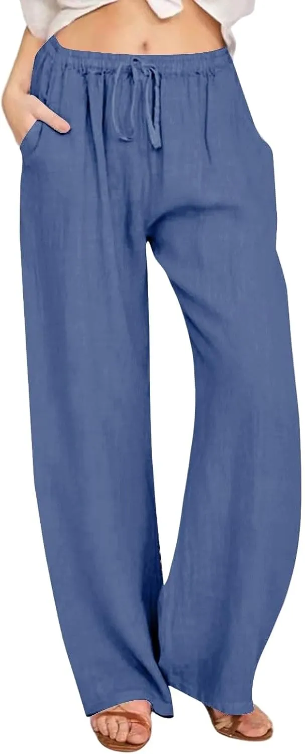 GOFULY Pants for Women Trendy Elastic Waist Drawstring Sumemr Pants Straight Wide Leg High Waisted with Pockets Slacks Clothe