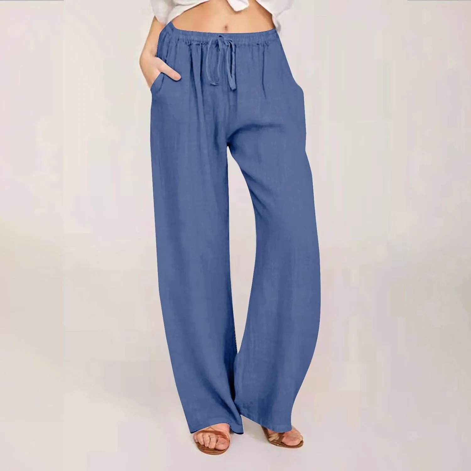 GOFULY Pants for Women Trendy Elastic Waist Drawstring Sumemr Pants Straight Wide Leg High Waisted with Pockets Slacks Clothe