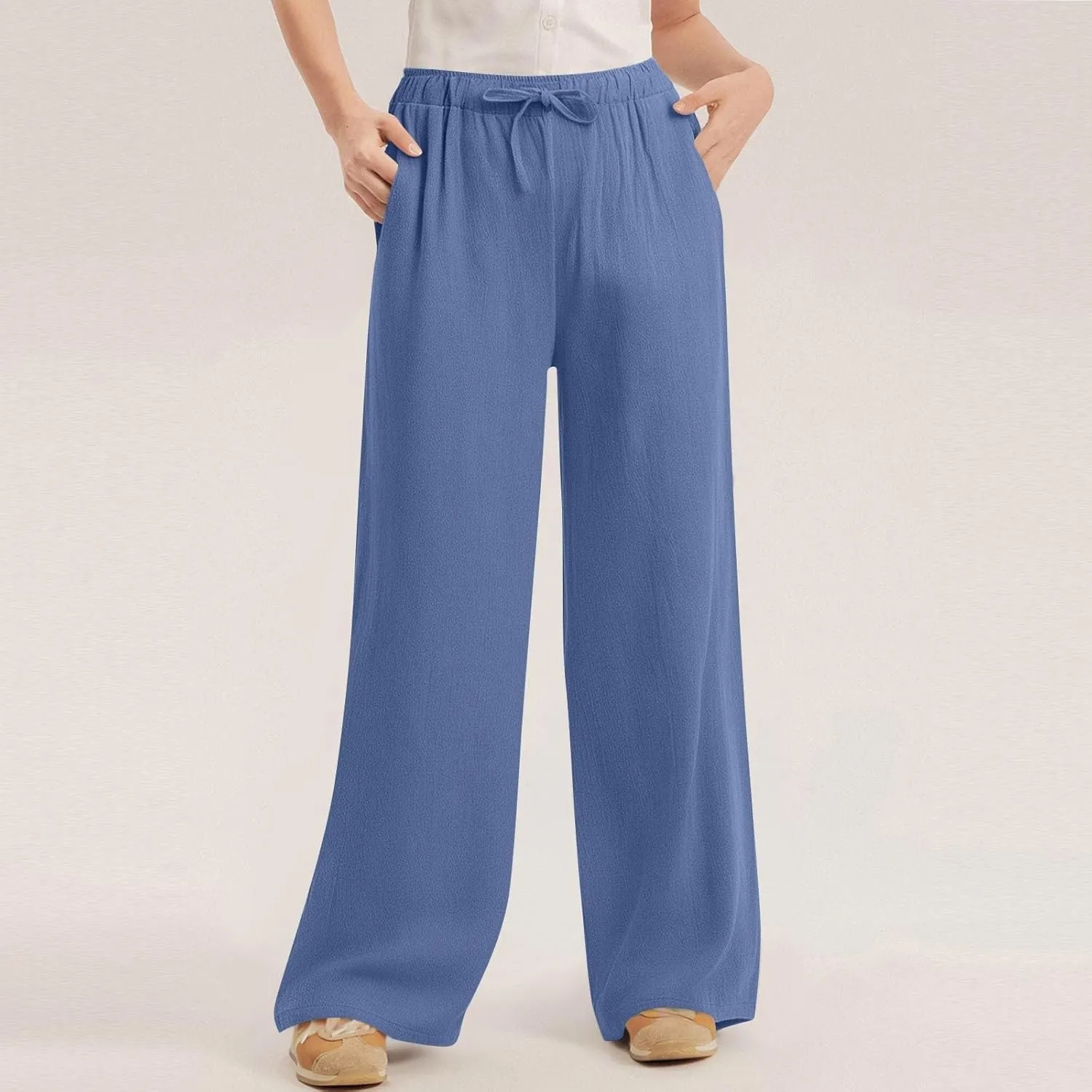 GOFULY Pants for Women Trendy Elastic Waist Drawstring Sumemr Pants Straight Wide Leg High Waisted with Pockets Slacks Clothe