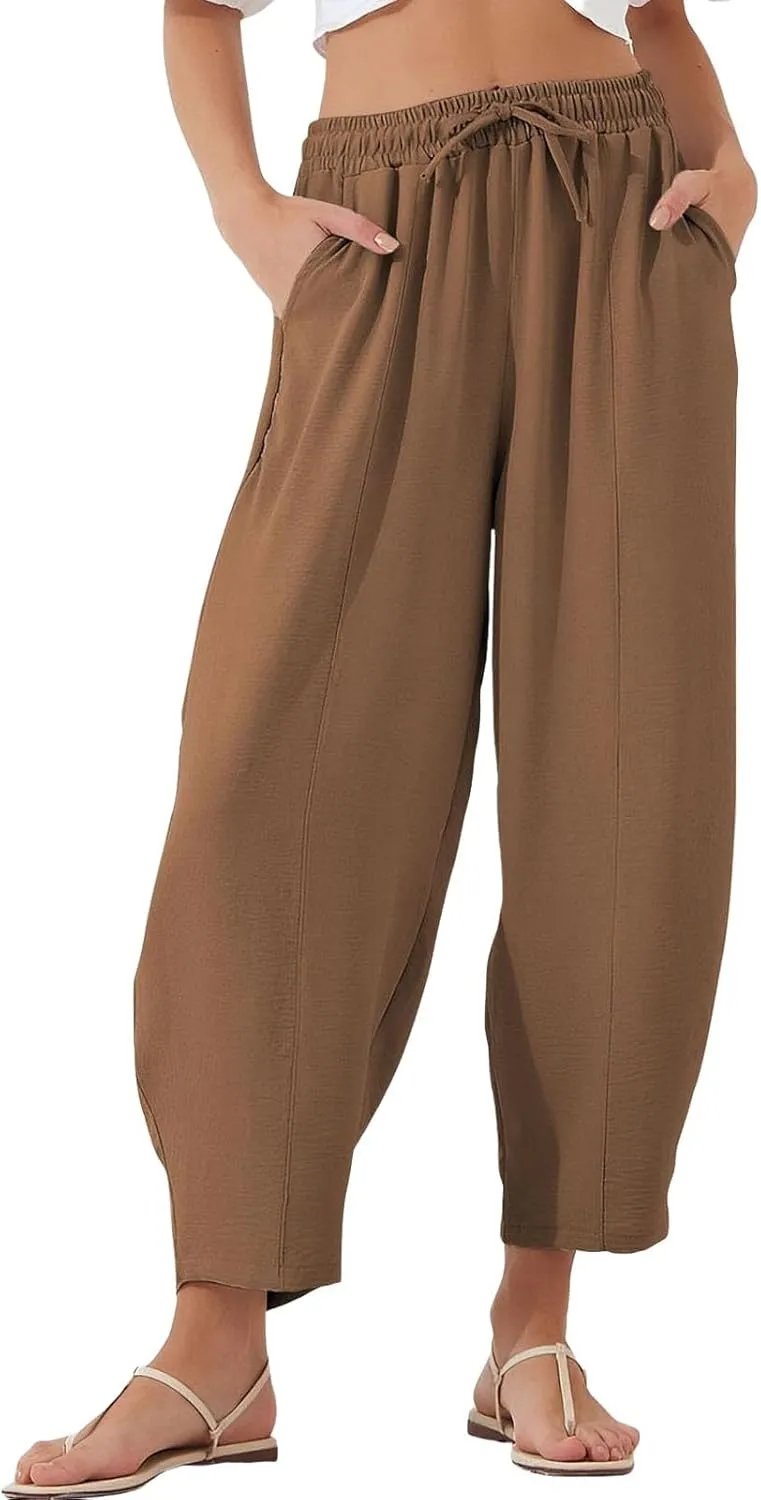 GOFULY Women's Pants Casual Wide Leg High Waisted Pants Beach Elastic Waist Drawstring Sumemr Loose Fit Trousers with Pockets