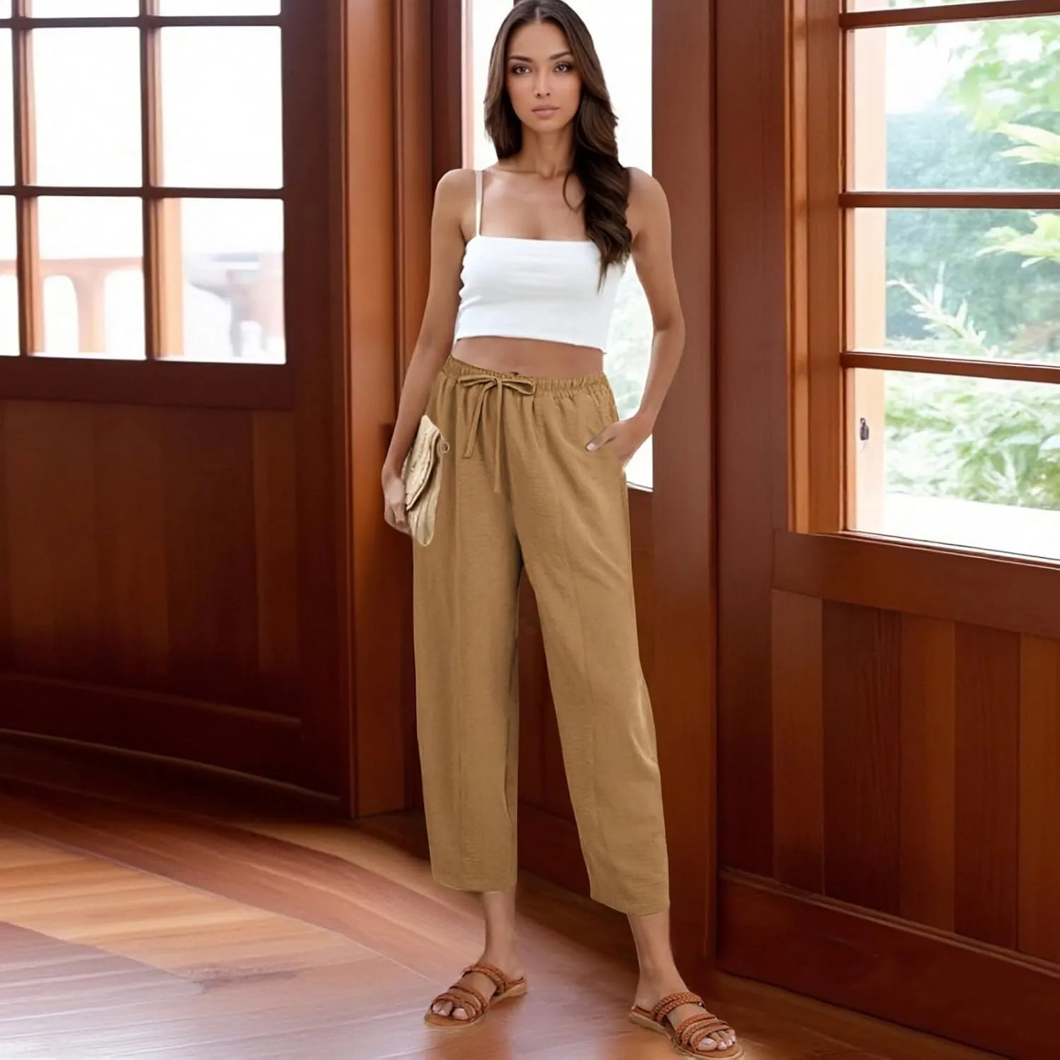 GOFULY Women's Pants Casual Wide Leg High Waisted Pants Beach Elastic Waist Drawstring Sumemr Loose Fit Trousers with Pockets
