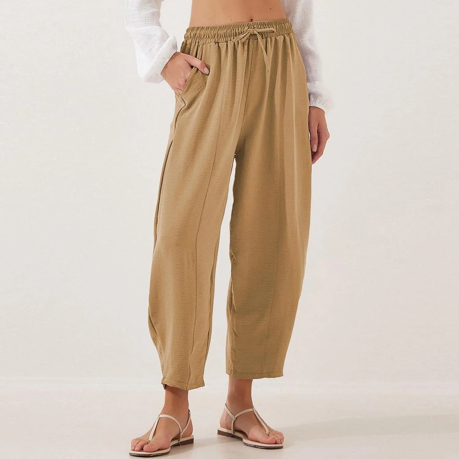 GOFULY Women's Pants Casual Wide Leg High Waisted Pants Beach Elastic Waist Drawstring Sumemr Loose Fit Trousers with Pockets