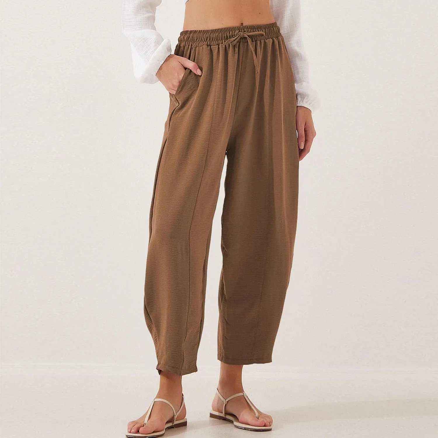 GOFULY Women's Pants Casual Wide Leg High Waisted Pants Beach Elastic Waist Drawstring Sumemr Loose Fit Trousers with Pockets