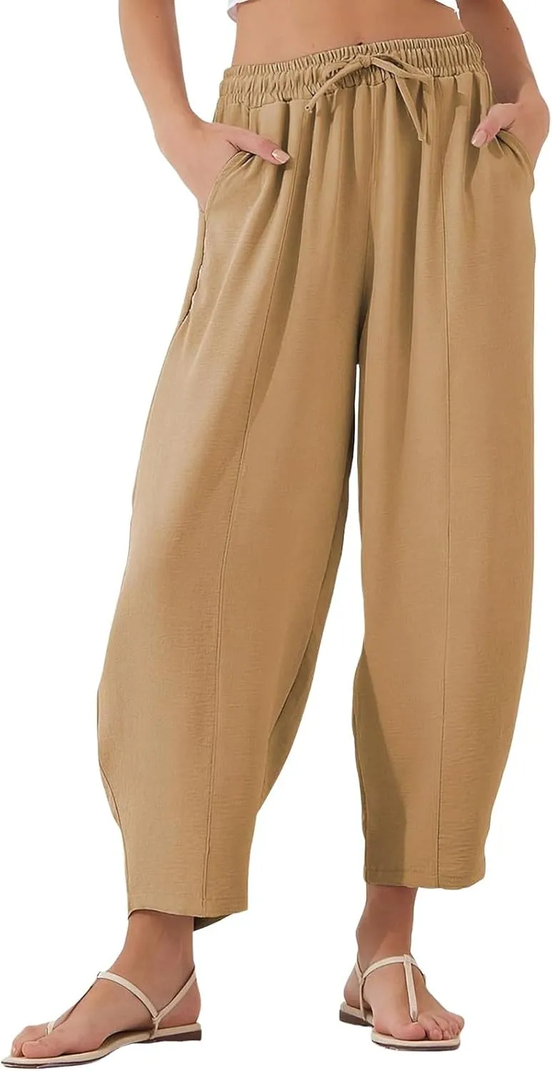 GOFULY Women's Pants Casual Wide Leg High Waisted Pants Beach Elastic Waist Drawstring Sumemr Loose Fit Trousers with Pockets