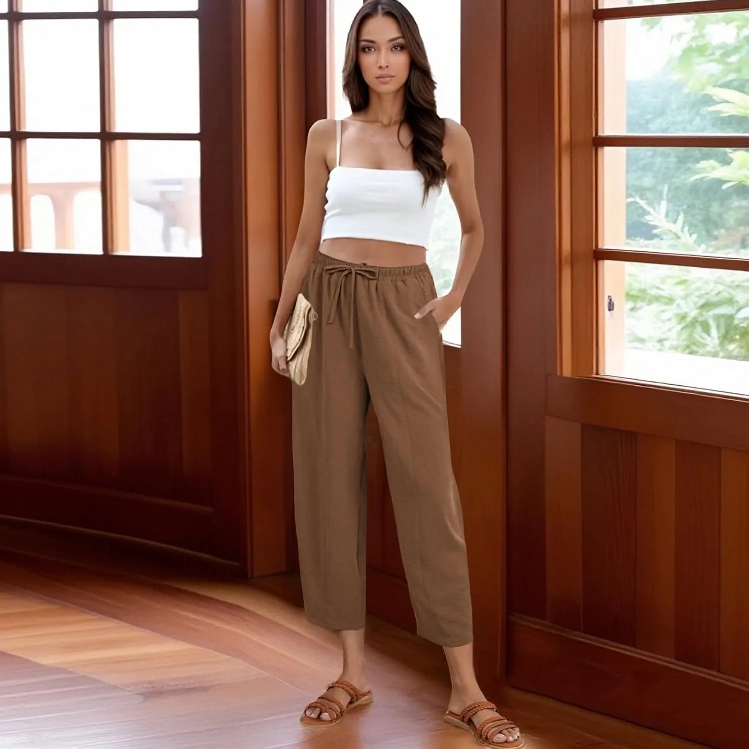 GOFULY Women's Pants Casual Wide Leg High Waisted Pants Beach Elastic Waist Drawstring Sumemr Loose Fit Trousers with Pockets