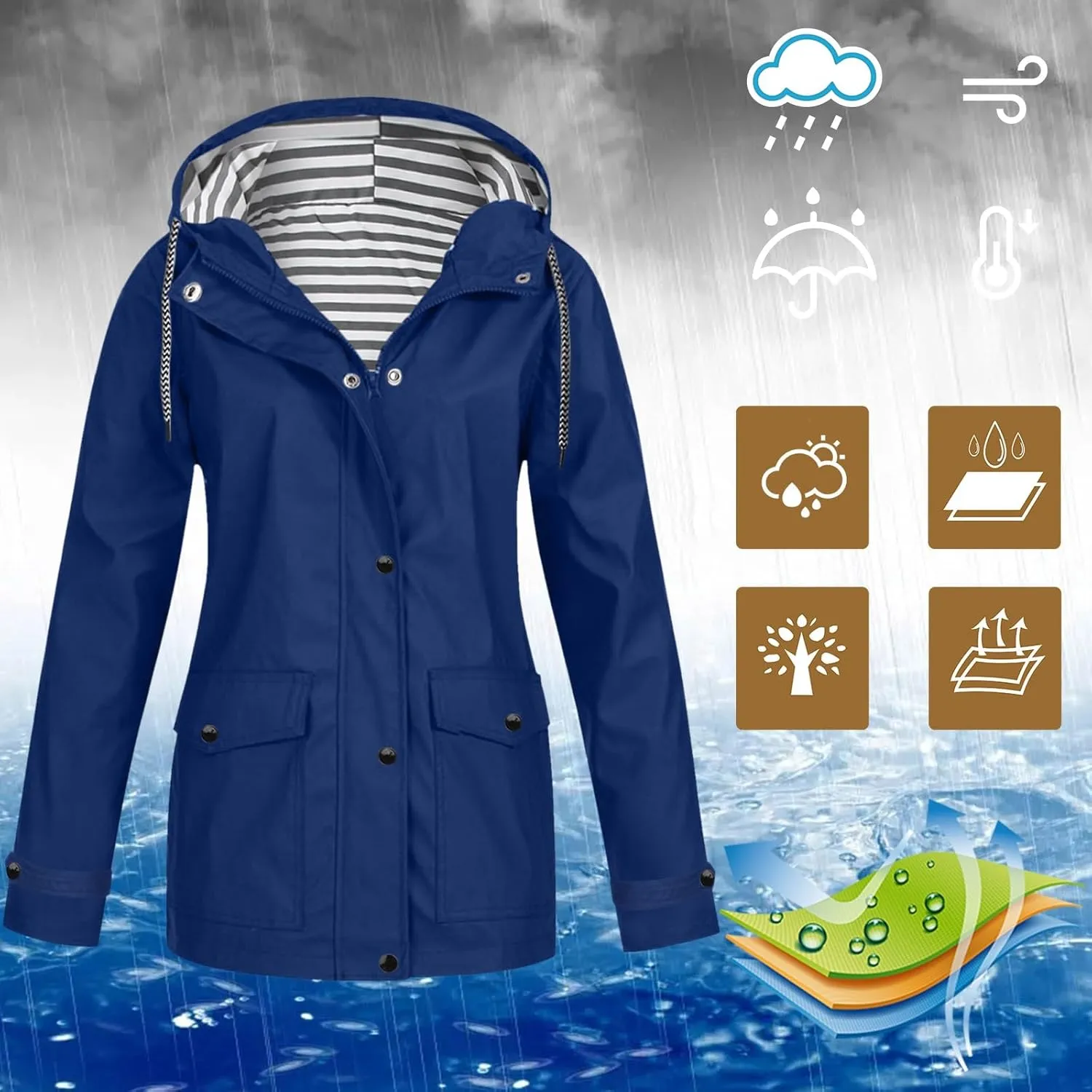 Jackets for Women Fall Winter Regular Fit Windproof Waterproof Rain Coats Full Zip Outdoor Windbreaker Jacket with Pockets