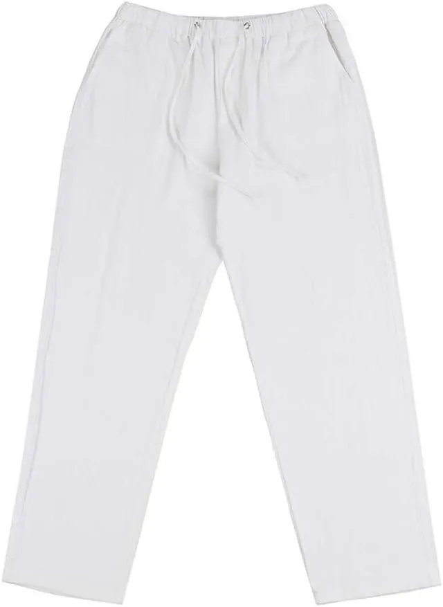 Linen Pants Men Big Tall Casual Cotton Yoga Pants with Pockets Drawstring Elastic Waist Straight-Leg Lightweight Trousers