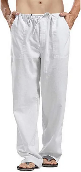 Linen Pants Men Big Tall Casual Cotton Yoga Pants with Pockets Drawstring Elastic Waist Straight-Leg Lightweight Trousers