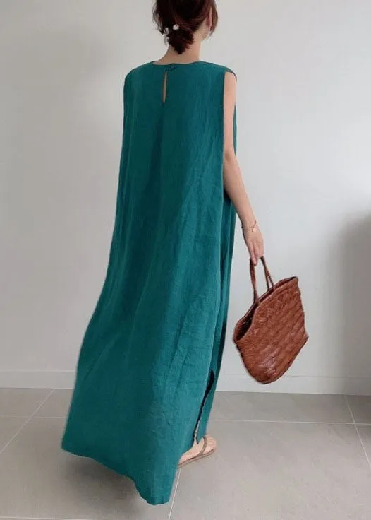 Loose Green O Neck Patchwork Cotton Dresses Sleeveless LY2182