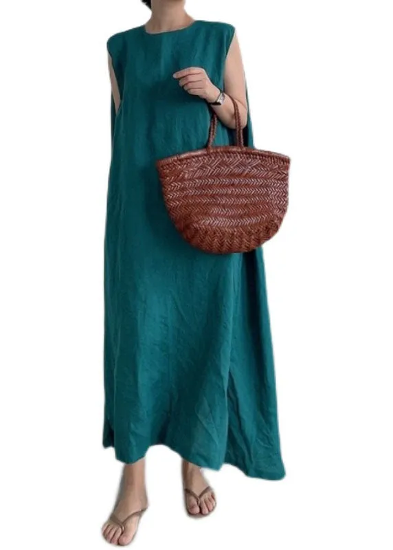 Loose Green O Neck Patchwork Cotton Dresses Sleeveless LY2182
