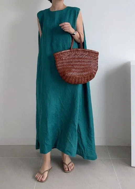 Loose Green O Neck Patchwork Cotton Dresses Sleeveless LY2182