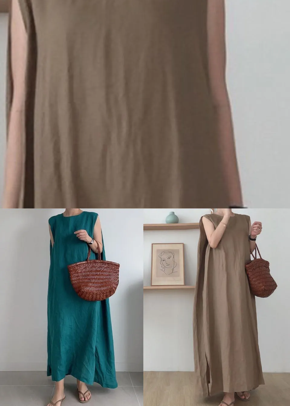 Loose Green O Neck Patchwork Cotton Dresses Sleeveless LY2182