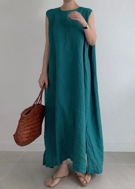 Loose Green O Neck Patchwork Cotton Dresses Sleeveless LY2182