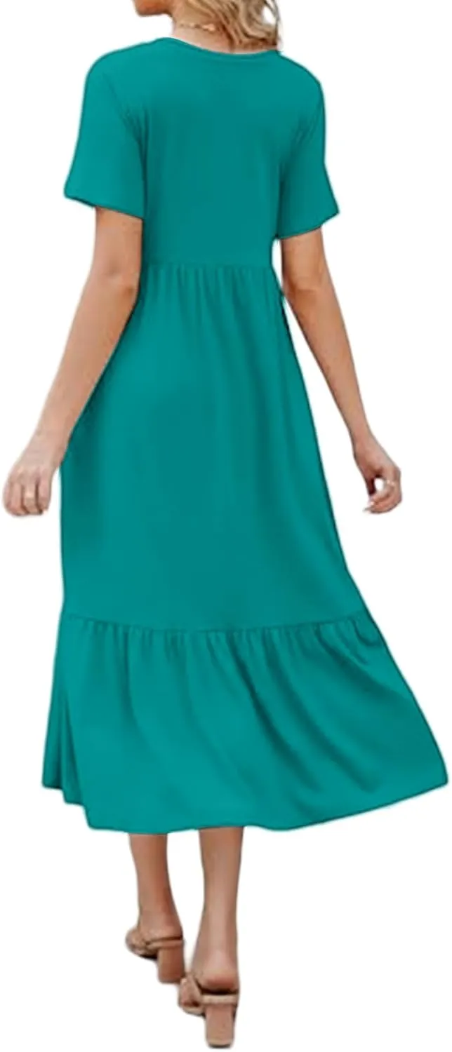 Maxi Dress for Women Summer V Neck Short Sleeve Dresses Casual Loose High Waisted Solid Pleated Hem Beach Sundress