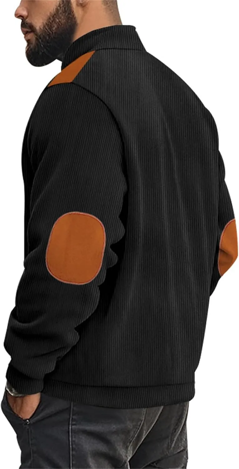 Men's Corduroy Zip Up Jackets Casual Lightweight Stand Collar Stripe Cardigan Trendy Patchwork Long Sleeve Coats