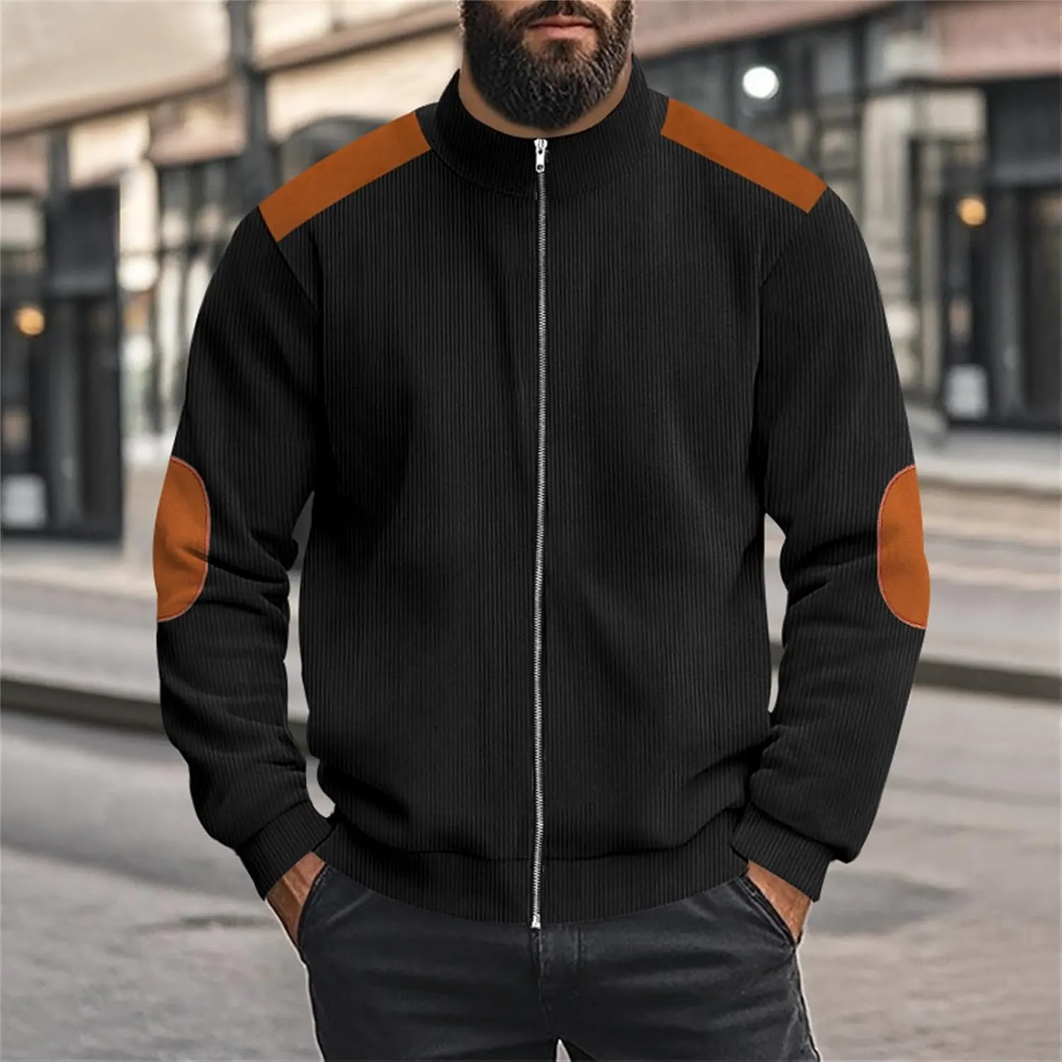 Men's Corduroy Zip Up Jackets Casual Lightweight Stand Collar Stripe Cardigan Trendy Patchwork Long Sleeve Coats