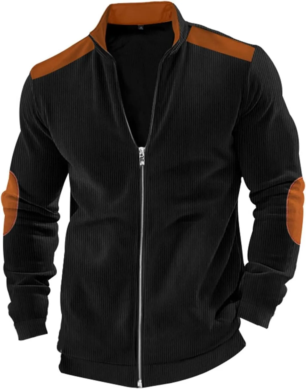 Men's Corduroy Zip Up Jackets Casual Lightweight Stand Collar Stripe Cardigan Trendy Patchwork Long Sleeve Coats