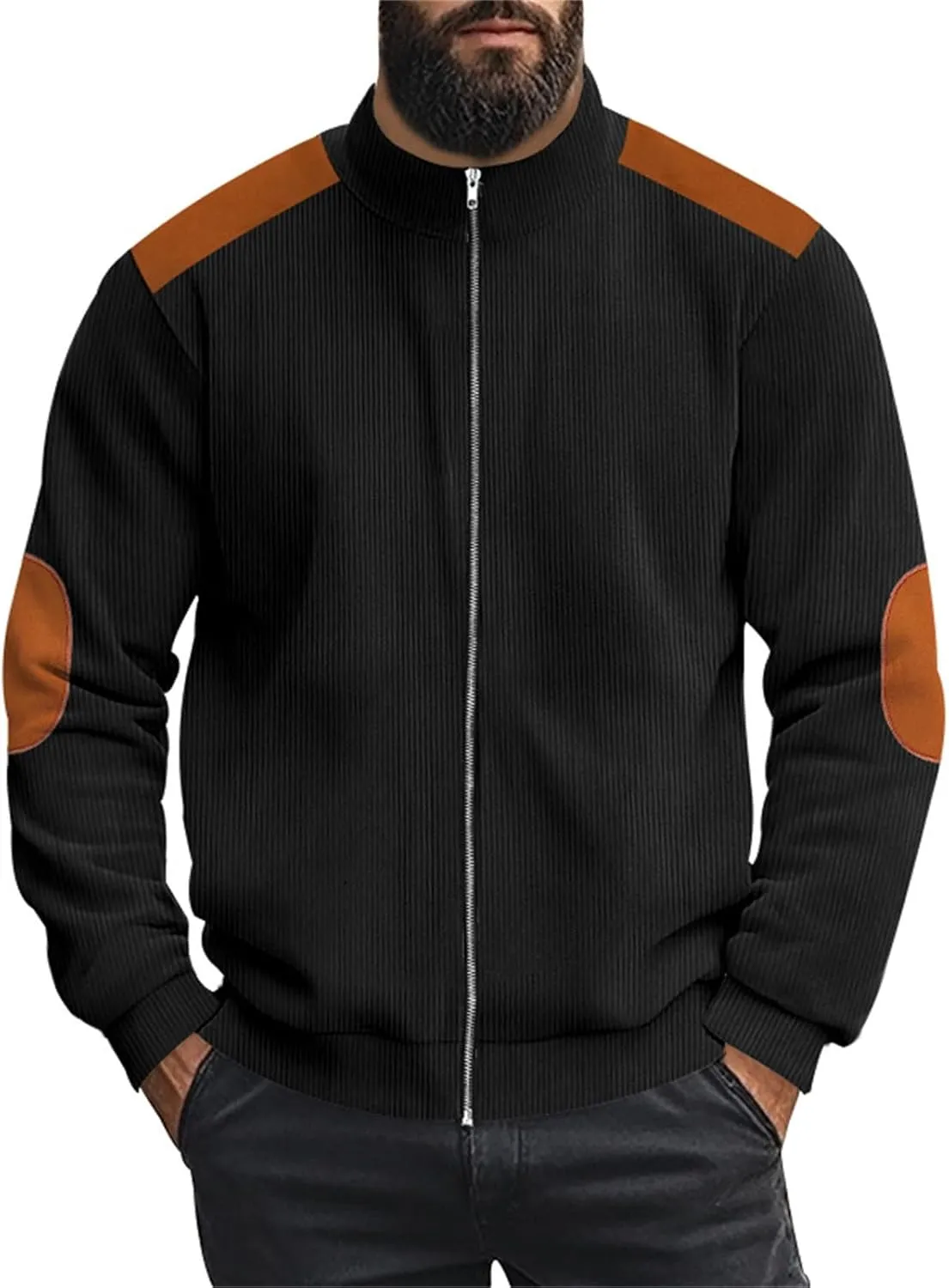 Men's Corduroy Zip Up Jackets Casual Lightweight Stand Collar Stripe Cardigan Trendy Patchwork Long Sleeve Coats