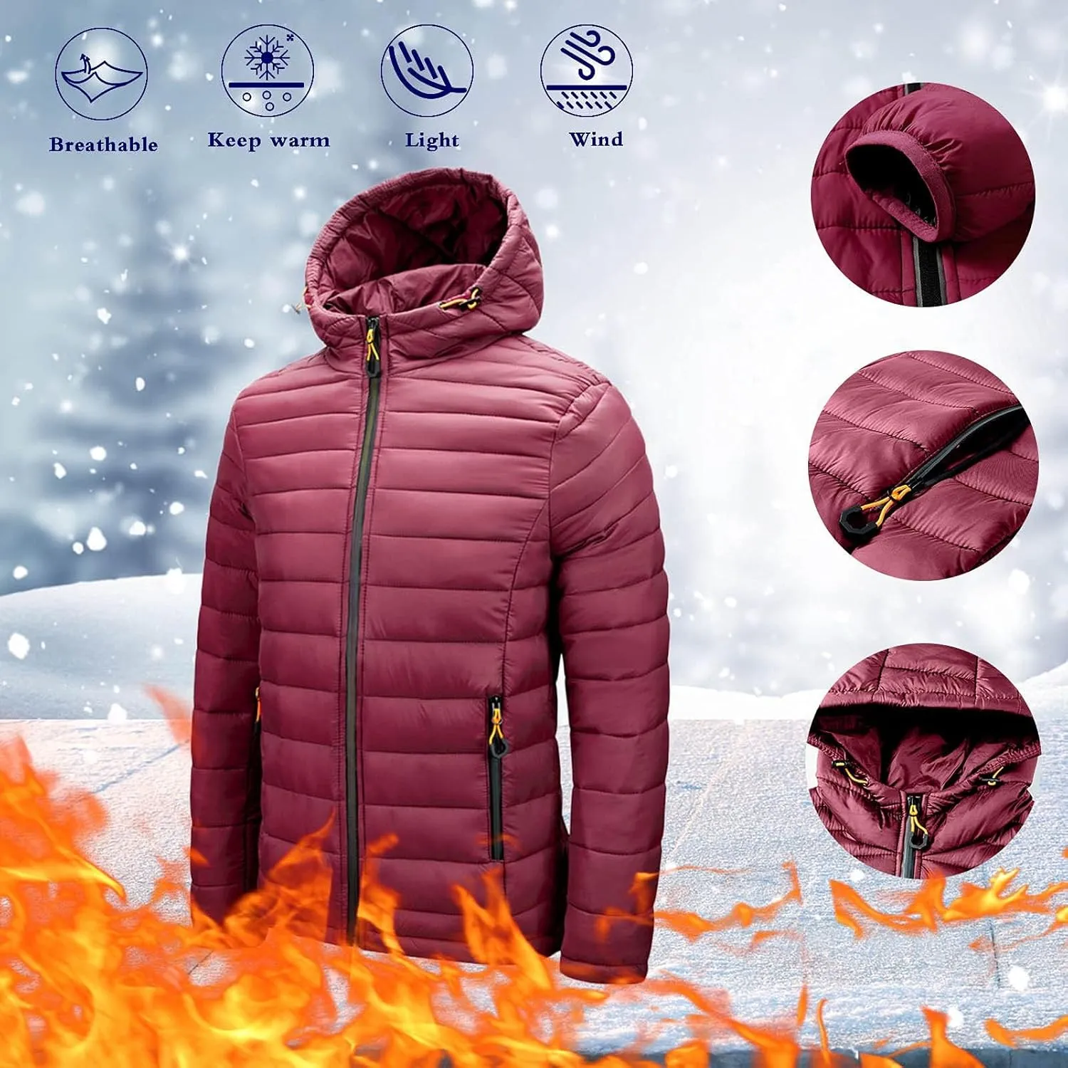 Mens Puffer Jacket with Hood Lightweight Slim Fit Jacket Long Sleeve Zip Up Hoodie Quilted Down Coat Winter Outwear