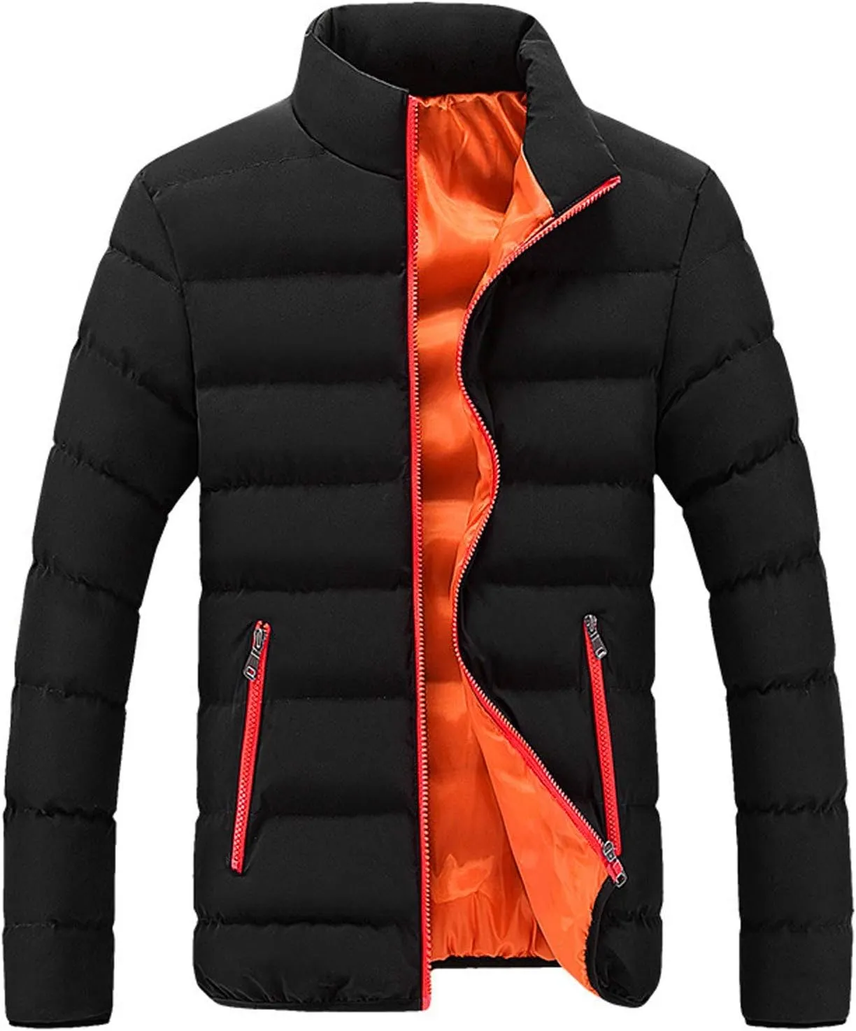 Mens Quilted Puffer Down Jacket Full Zip Stand Up Collar Jacket Warm Thick Windbreaker Winter Outwear Coat with Hood